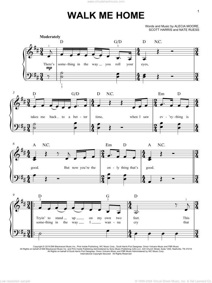 Walk Me Home sheet music for piano solo by P!nk, Alecia Moore, Nate Ruess and Scott Harris, easy skill level