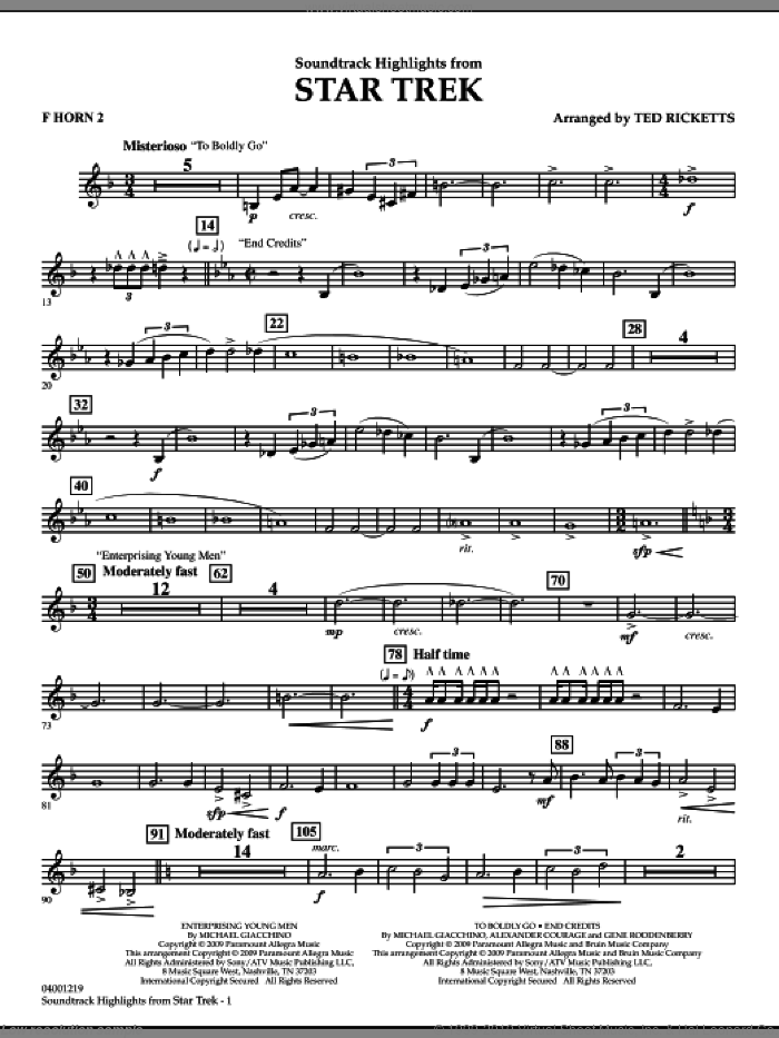 Star Trek, soundtrack highlights sheet music for concert band (f horn 2) by Michael Giacchino and Ted Ricketts, intermediate skill level