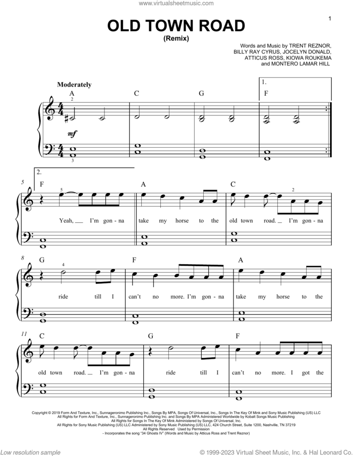 Old Town Road (Remix) sheet music for piano solo by Lil Nas X feat. Billy Ray Cyrus, Atticus Ross, Billy Ray Cyrus, Jocelyn Donald, Kiowa Roukema, Montero Lamar Hill and Trent Reznor, easy skill level