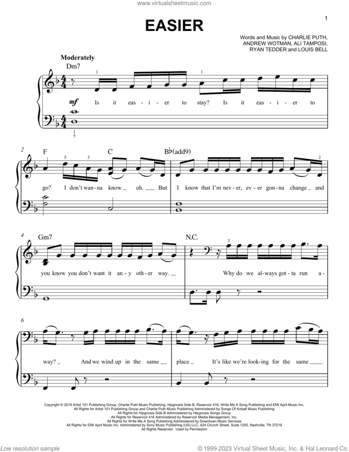Easier sheet music for piano solo by 5 Seconds of Summer, Alex Tamposi, Andrew Wotman, Charlie Puth, Louis Bell and Ryan Tedder, easy skill level