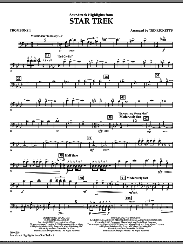 Star Trek, soundtrack highlights sheet music for concert band (trombone 1) by Michael Giacchino and Ted Ricketts, intermediate skill level