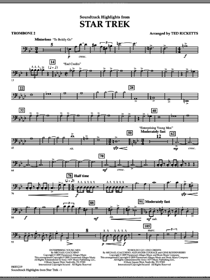 Star Trek, soundtrack highlights sheet music for concert band (trombone 2) by Michael Giacchino and Ted Ricketts, intermediate skill level