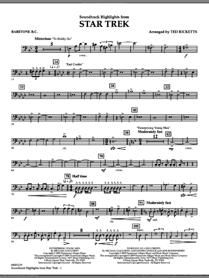 Star Trek, soundtrack highlights sheet music for concert band (baritone b.c.) by Michael Giacchino and Ted Ricketts, intermediate skill level