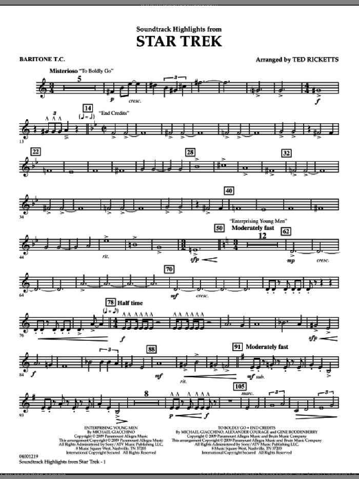 Star Trek, soundtrack highlights sheet music for concert band (baritone t.c.) by Michael Giacchino and Ted Ricketts, intermediate skill level
