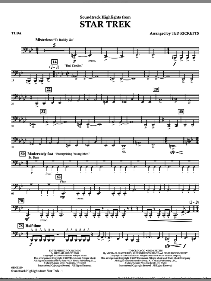 Star Trek, soundtrack highlights sheet music for concert band (tuba) by Michael Giacchino and Ted Ricketts, intermediate skill level
