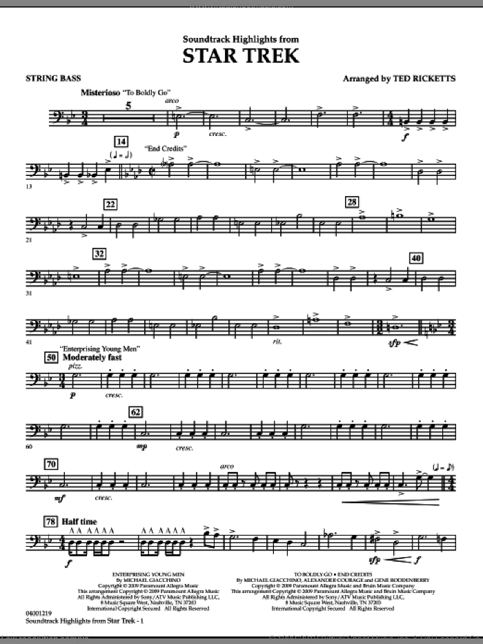 Star Trek, soundtrack highlights sheet music for concert band (string bass) by Michael Giacchino and Ted Ricketts, intermediate skill level