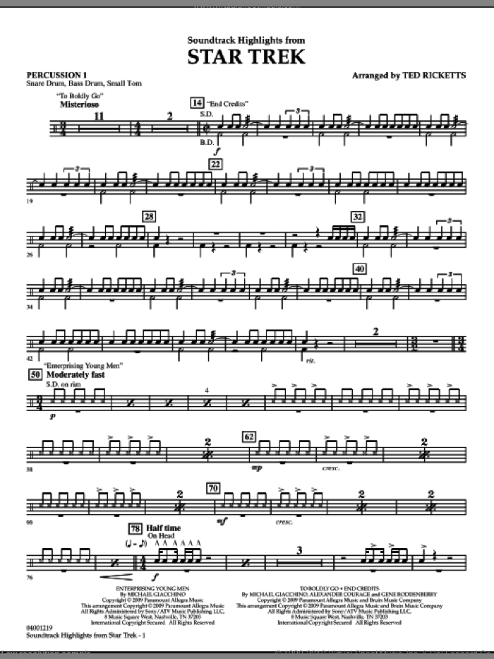 Star Trek, soundtrack highlights sheet music for concert band (percussion 1) by Michael Giacchino and Ted Ricketts, intermediate skill level