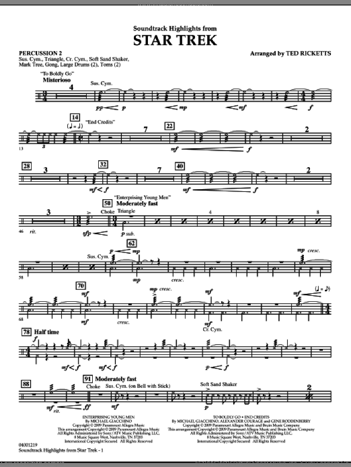 Star Trek, soundtrack highlights sheet music for concert band (percussion 2) by Michael Giacchino and Ted Ricketts, intermediate skill level