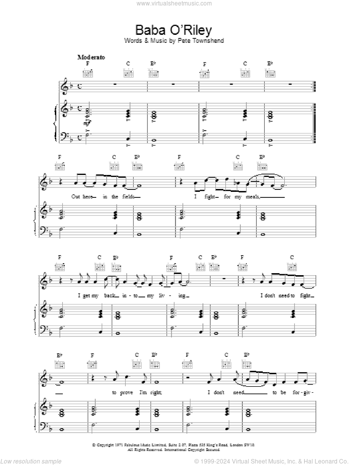 Baba O'Reilly sheet music for voice, piano or guitar by The Who, intermediate skill level