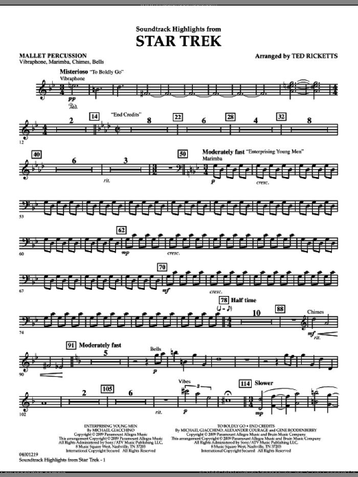 Star Trek, soundtrack highlights sheet music for concert band (mallet percussion) by Michael Giacchino and Ted Ricketts, intermediate skill level