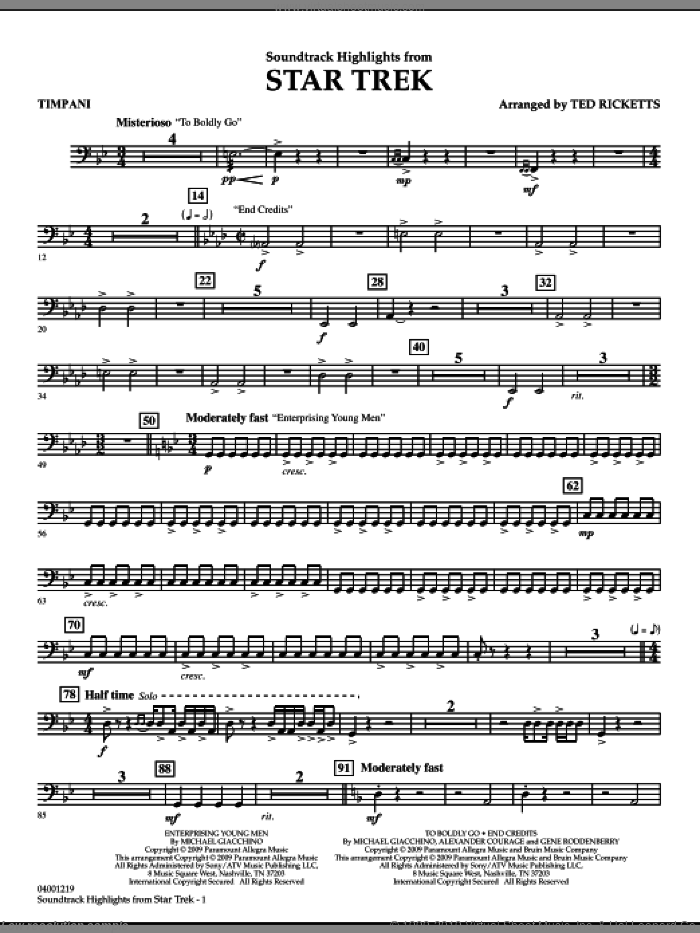 Star Trek, soundtrack highlights sheet music for concert band (timpani) by Michael Giacchino and Ted Ricketts, intermediate skill level