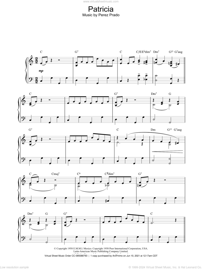 Patricia sheet music for piano solo by Perez Prado, intermediate skill level