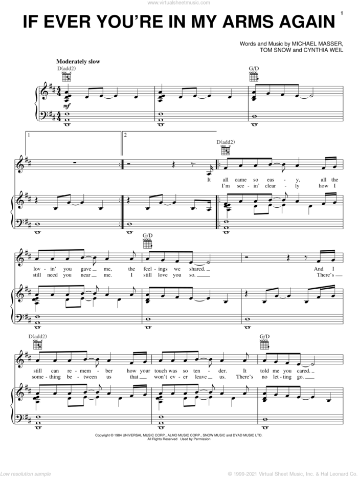 If Ever You're In My Arms Again sheet music for voice, piano or guitar by Peabo Bryson, Cynthia Weil, Michael Masser and Tom Snow, intermediate skill level