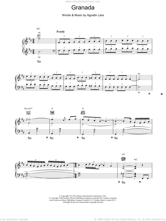 Granada sheet music for voice, piano or guitar by Placido Domingo, classical score, intermediate skill level