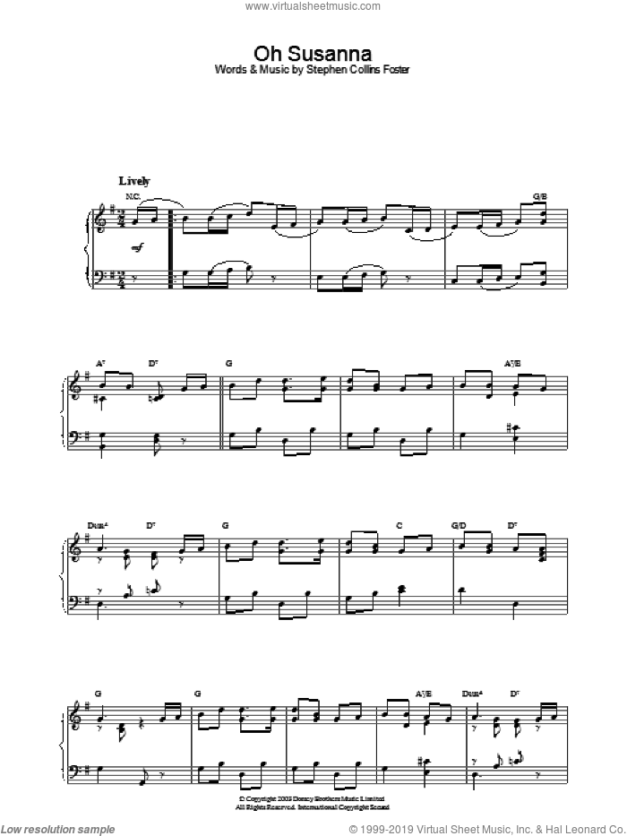 Oh! Susanna sheet music for piano solo by Stephen Foster, intermediate skill level