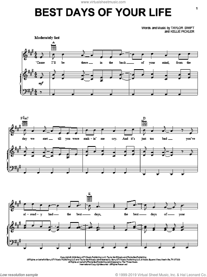 Best Days Of Your Life sheet music for voice, piano or guitar by Kellie Pickler and Taylor Swift, intermediate skill level
