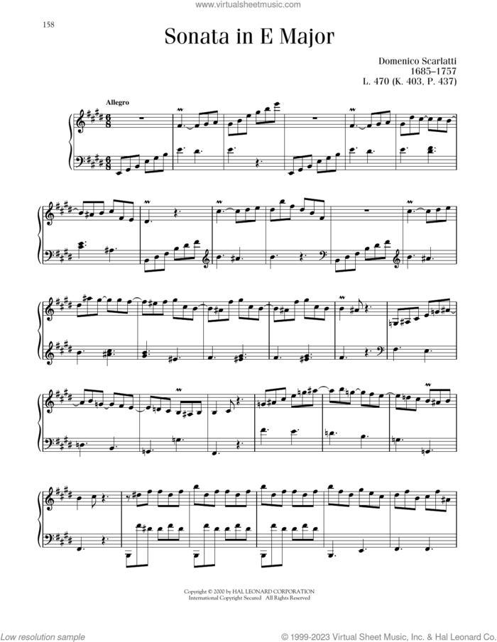 Sonata In E Major, K. 403 sheet music for piano solo by Domenico Scarlatti, classical score, intermediate skill level