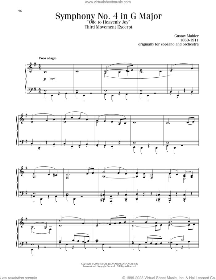 Symphony No. 4 In G Major (Ode to Heavenly Joy), 3rd Movement sheet music for piano solo by Gustav Mahler, Blake Neely and Richard Walters, classical score, intermediate skill level