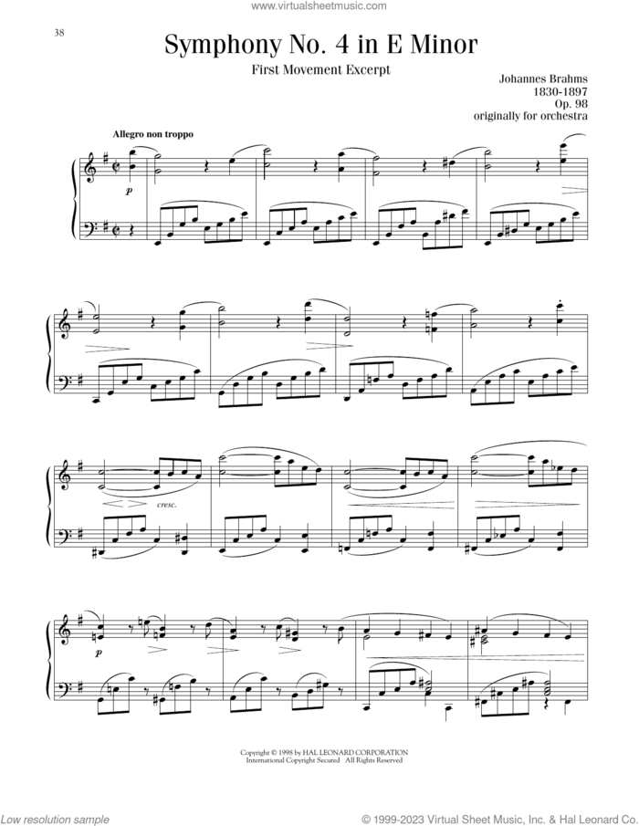 Symphony No. 4 in E Minor, First Movement Excerpt sheet music for piano solo by Johannes Brahms, Blake Neely and Richard Walters, classical score, intermediate skill level