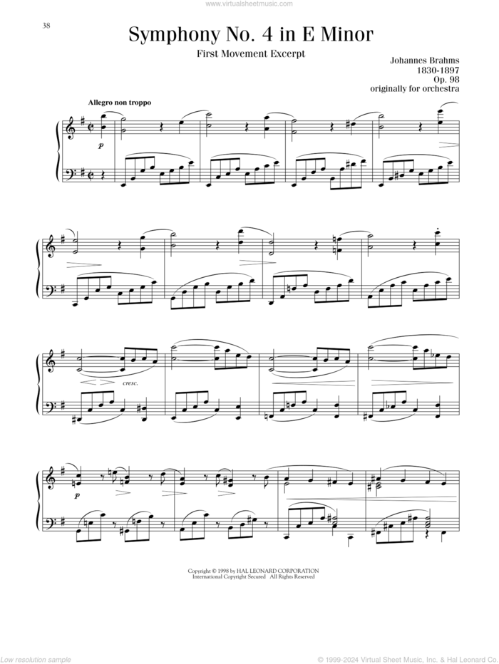 Symphony No. 4 in E Minor, First Movement Excerpt sheet music for piano solo by Johannes Brahms, Blake Neely and Richard Walters, classical score, intermediate skill level