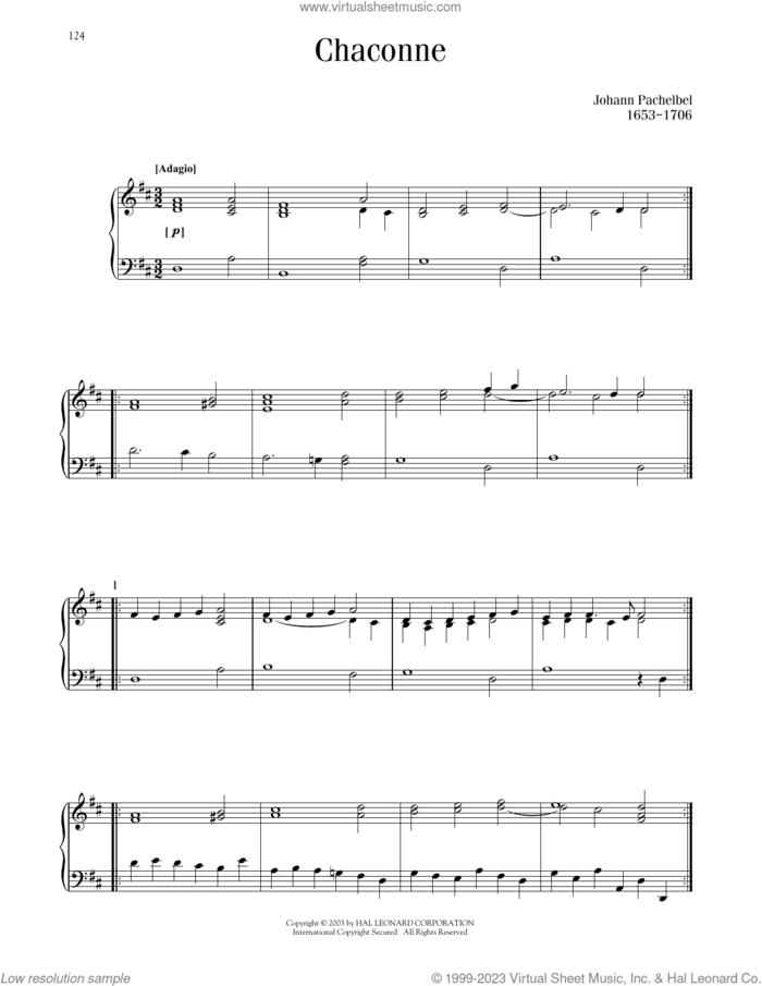 Ciaconna (Chaconne) sheet music for piano solo by Johann Pachelbel, classical score, intermediate skill level