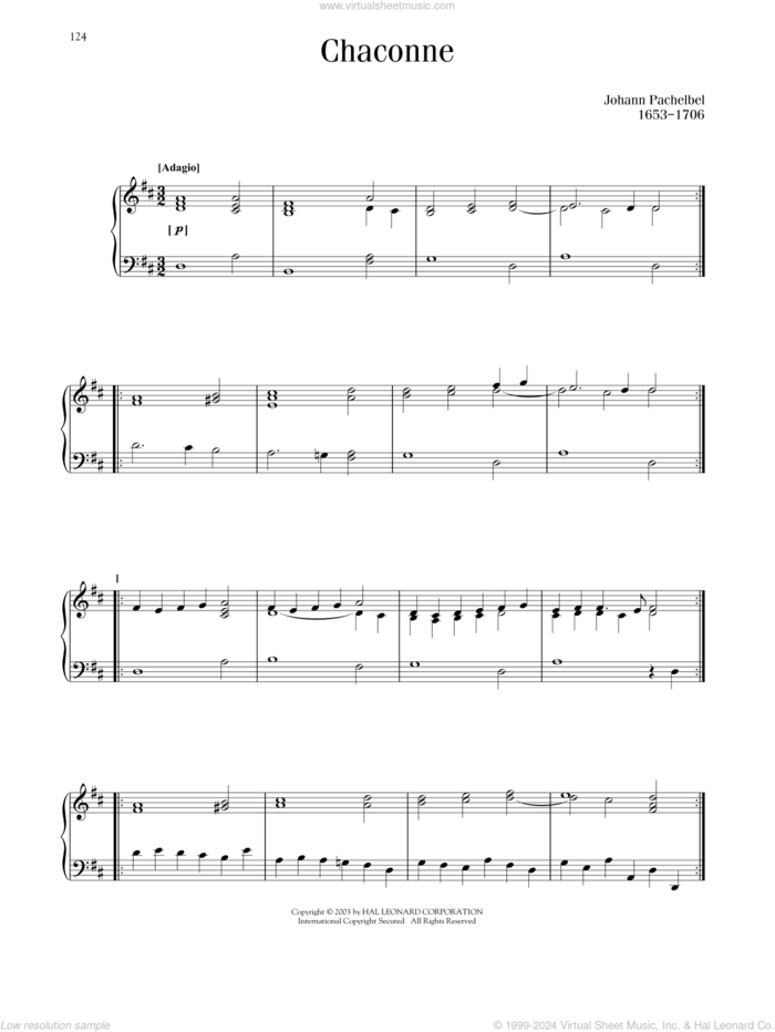 Ciaconna (Chaconne) sheet music for piano solo by Johann Pachelbel, classical score, intermediate skill level