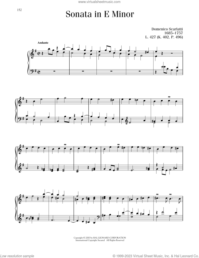 Sonata In E Minor, K. 402 sheet music for piano solo by Domenico Scarlatti, classical score, intermediate skill level