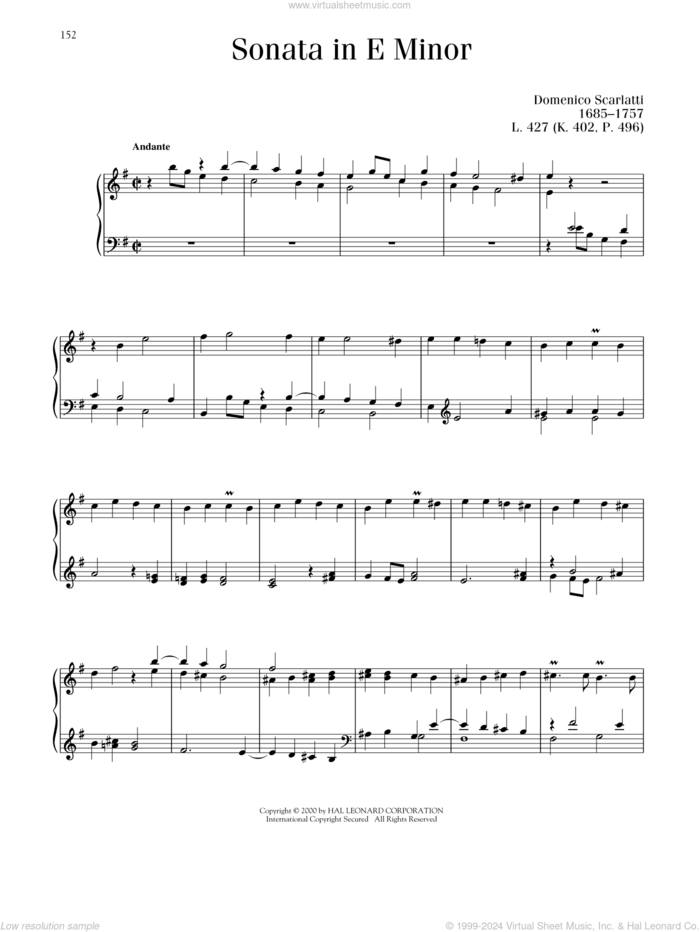 Sonata In E Minor, K. 402 sheet music for piano solo by Domenico Scarlatti, classical score, intermediate skill level