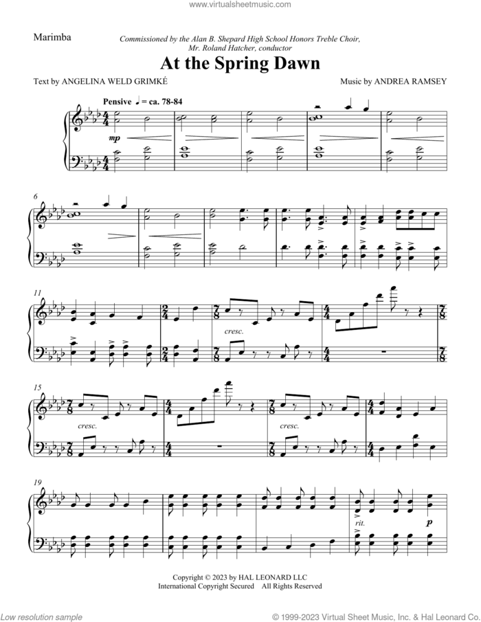 At The Spring Dawn sheet music for orchestra/band (Marimba) by Andrea Ramsey and Angelina Weld Grimke, intermediate skill level