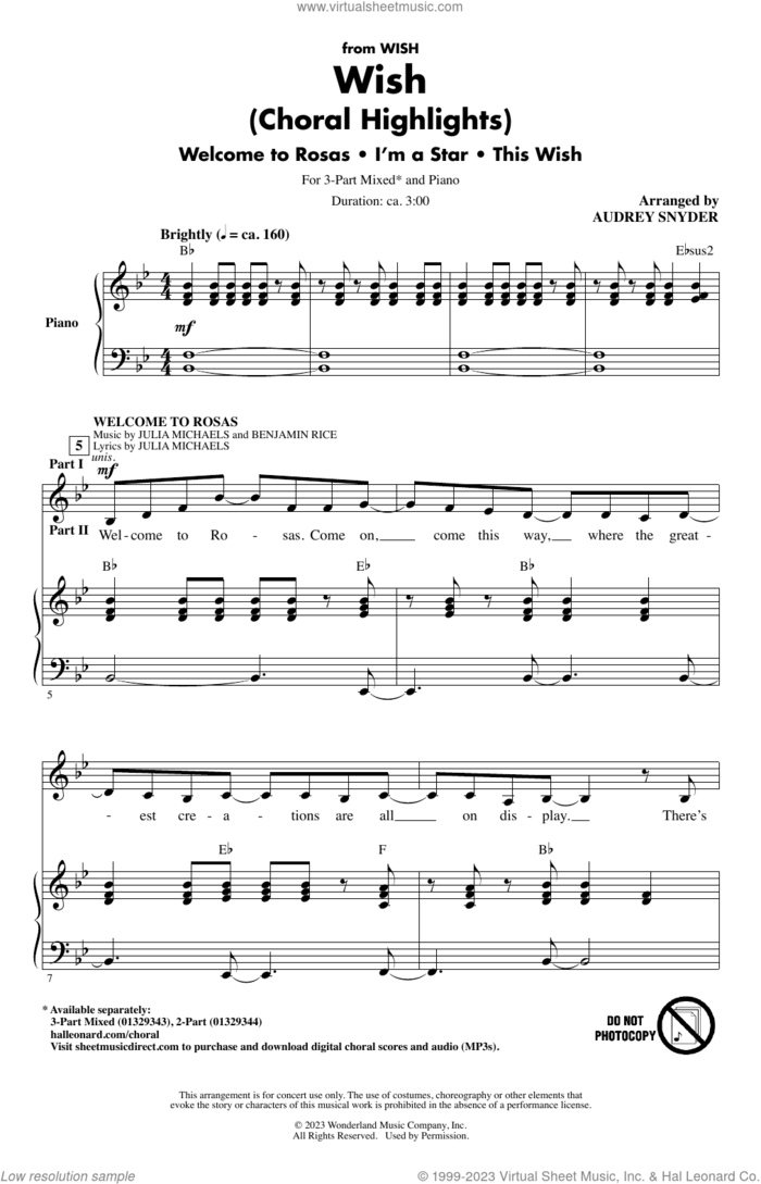 Wish (Choral Highlights) sheet music for choir (3-Part Mixed) by Julia Michaels, Audrey Snyder, Benjamin Rice and JP Saxe, intermediate skill level