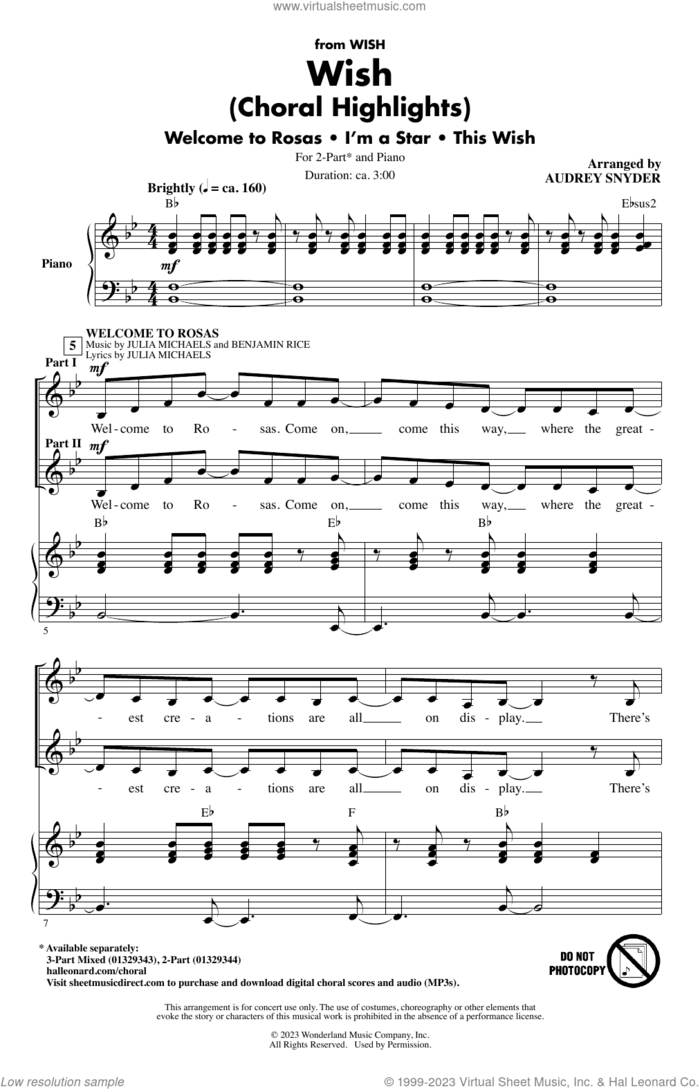 Wish (Choral Highlights) sheet music for choir (2-Part) by Julia Michaels, Audrey Snyder, Benjamin Rice and JP Saxe, intermediate duet