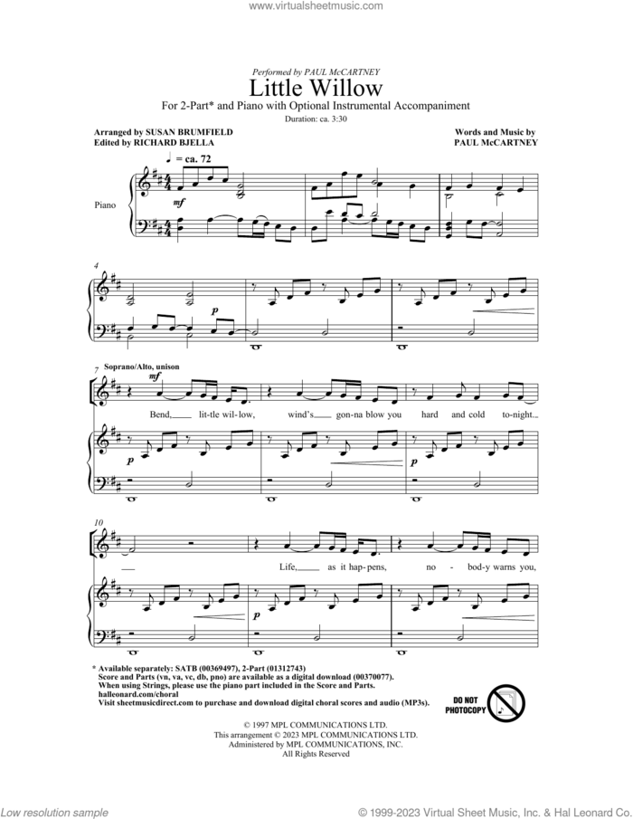 Little Willow (arr. Susan Brumfield) sheet music for choir (2-Part) by Paul McCartney and Susan Brumfield, intermediate duet
