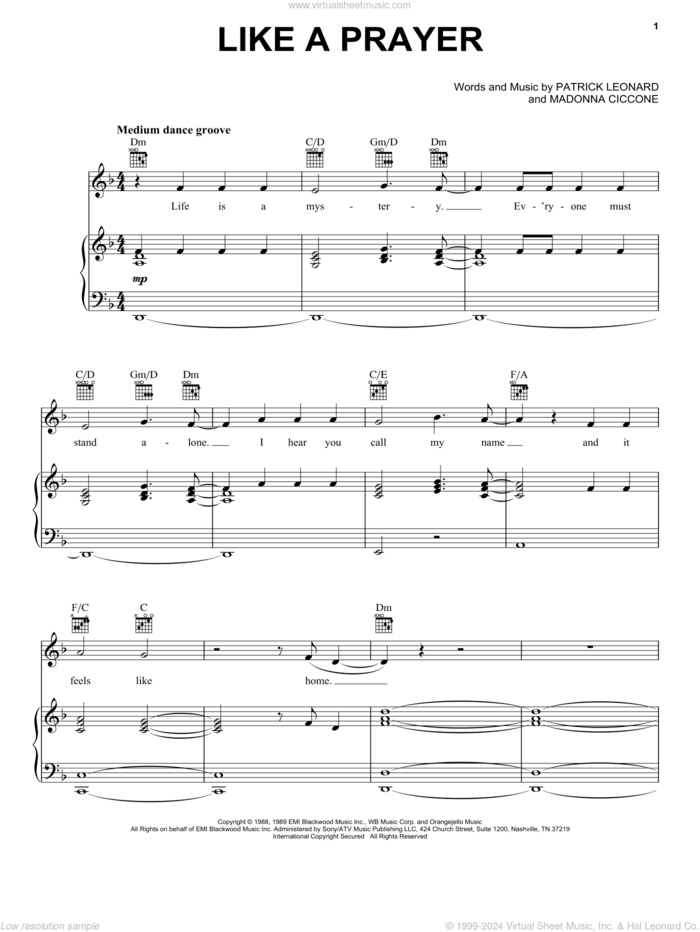 Like A Prayer sheet music for voice, piano or guitar by Madonna and Patrick Leonard, intermediate skill level