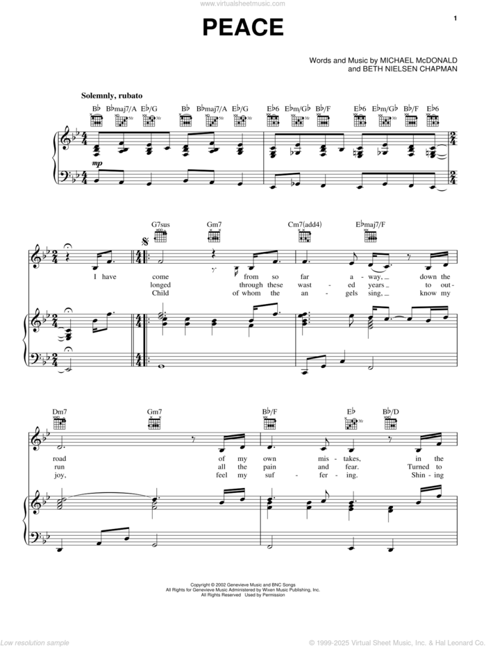 Peace sheet music for voice, piano or guitar by Michael McDonald and Beth Nielsen Chapman, intermediate skill level