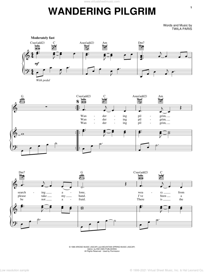 Wandering Pilgrim sheet music for voice, piano or guitar by Twila Paris, intermediate skill level