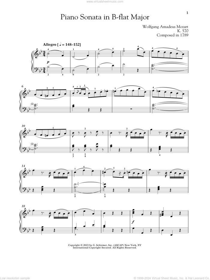 Piano Sonata In B-flat Major, K. 570 sheet music for piano solo by Wolfgang Amadeus Mozart and Alexandre Dossin, classical score, intermediate skill level