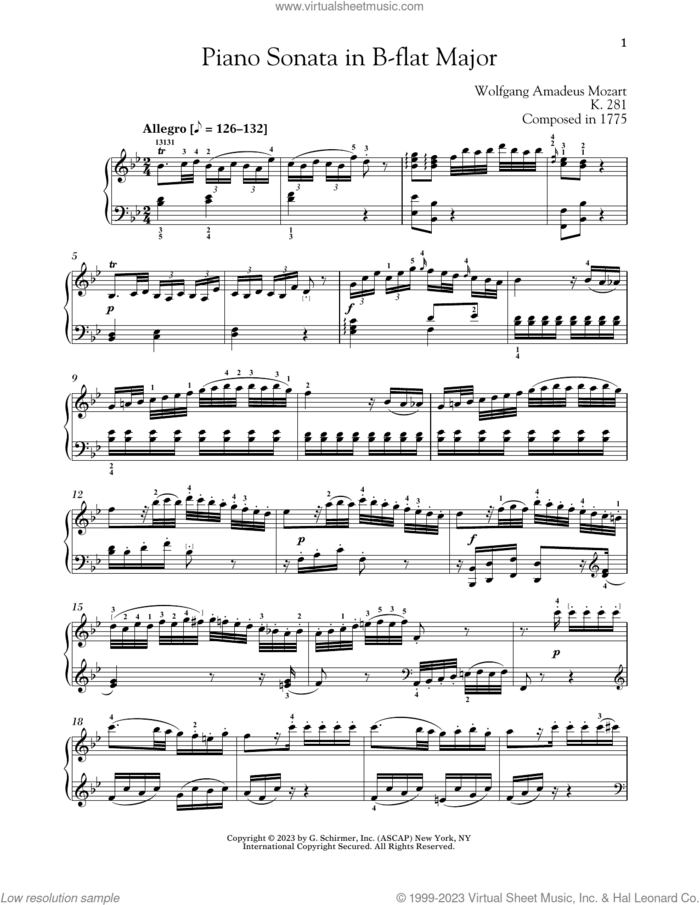 Piano Sonata In B-flat Major, K. 281 sheet music for piano solo by Wolfgang Amadeus Mozart and Alexandre Dossin, classical score, intermediate skill level