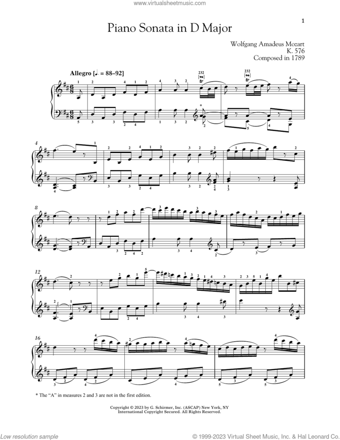 Piano Sonata In D Major, K. 576 sheet music for piano solo by Wolfgang Amadeus Mozart and Alexandre Dossin, classical score, intermediate skill level