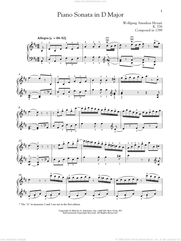 Piano Sonata In D Major, K. 576 sheet music for piano solo by Wolfgang Amadeus Mozart and Alexandre Dossin, classical score, intermediate skill level