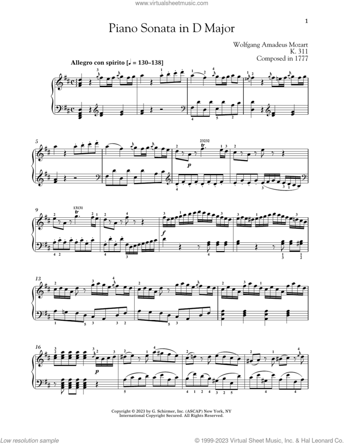 Piano Sonata In D Major, K. 311 sheet music for piano solo by Wolfgang Amadeus Mozart and Alexandre Dossin, classical score, intermediate skill level