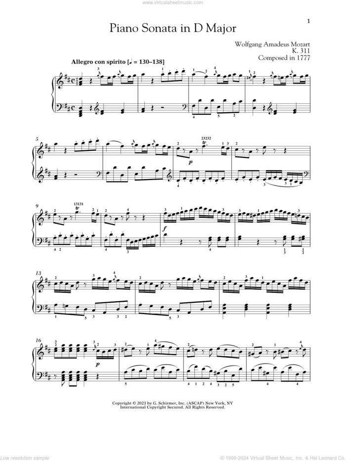 Piano Sonata In D Major, K. 311 sheet music for piano solo by Wolfgang Amadeus Mozart and Alexandre Dossin, classical score, intermediate skill level