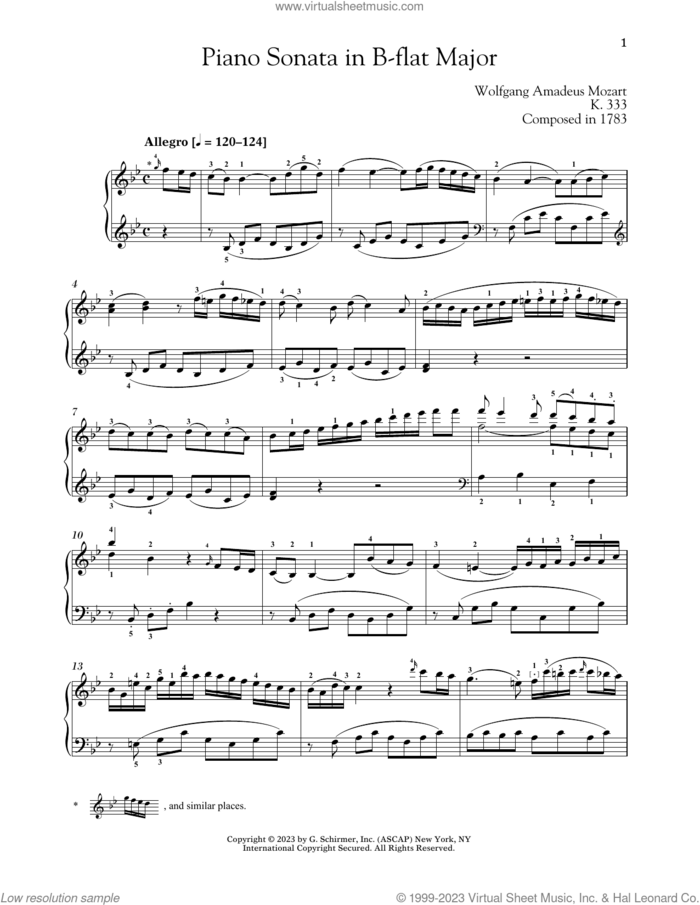Piano Sonata In B-flat Major, K. 333 sheet music for piano solo by Wolfgang Amadeus Mozart and Alexandre Dossin, classical score, intermediate skill level