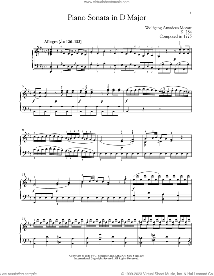Piano Sonata In D Major, K. 284 sheet music for piano solo by Wolfgang Amadeus Mozart and Alexandre Dossin, classical score, intermediate skill level