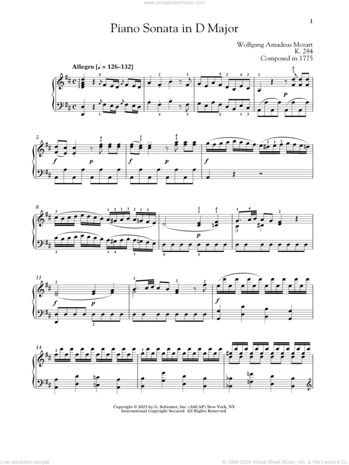 Piano Sonata In D Major, K. 284 sheet music for piano solo by Wolfgang Amadeus Mozart and Alexandre Dossin, classical score, intermediate skill level