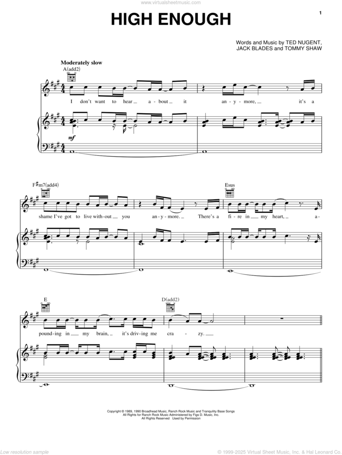 High Enough sheet music for voice, piano or guitar by Damn Yankees, Rock Of Ages (Musical), Jack Blades, Ted Nugent and Tommy Shaw, intermediate skill level