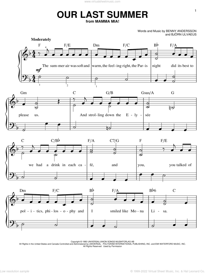 Our Last Summer sheet music for piano solo by ABBA, Mamma Mia! (Movie), Benny Andersson and Bjorn Ulvaeus, easy skill level