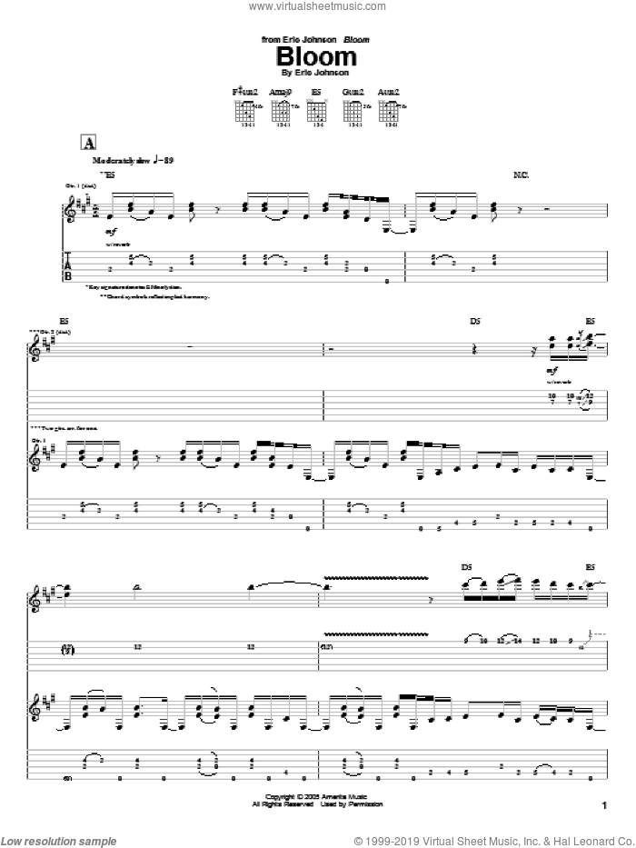 Bloom sheet music for guitar (tablature) by Eric Johnson, intermediate skill level