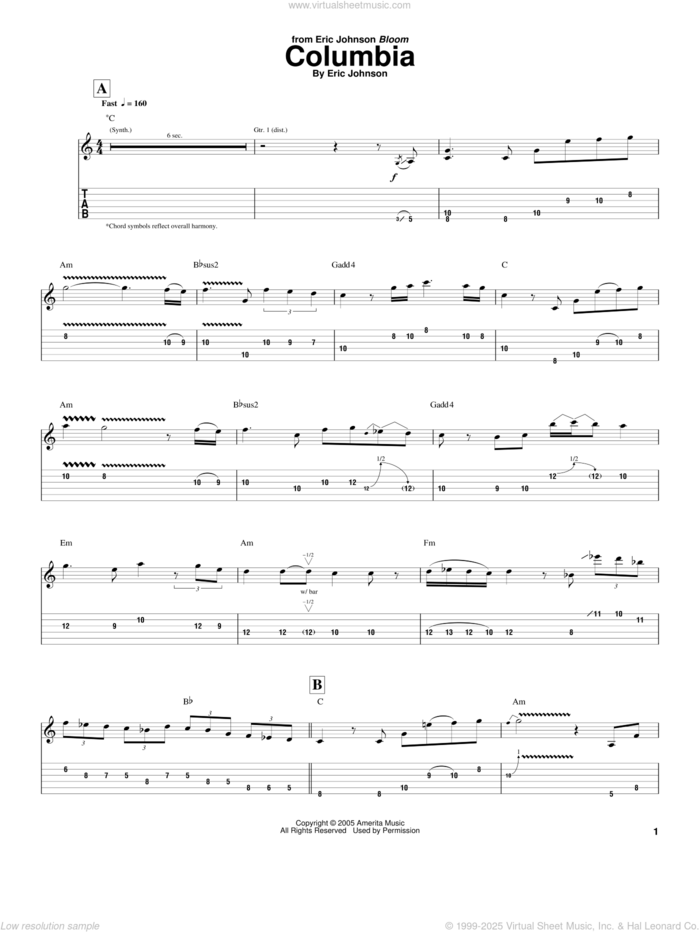 Columbia sheet music for guitar (tablature) by Eric Johnson, intermediate skill level