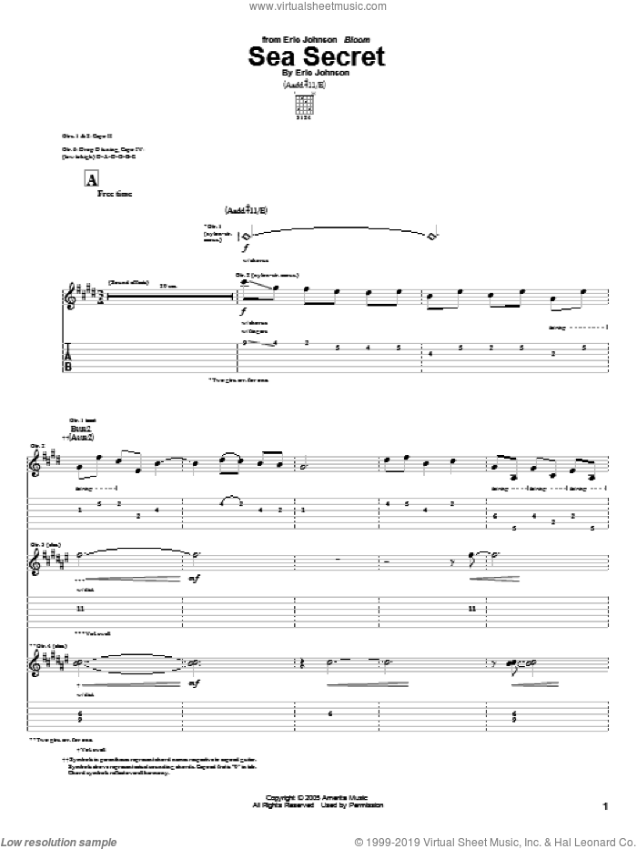 Sea Secret sheet music for guitar (tablature) by Eric Johnson, intermediate skill level