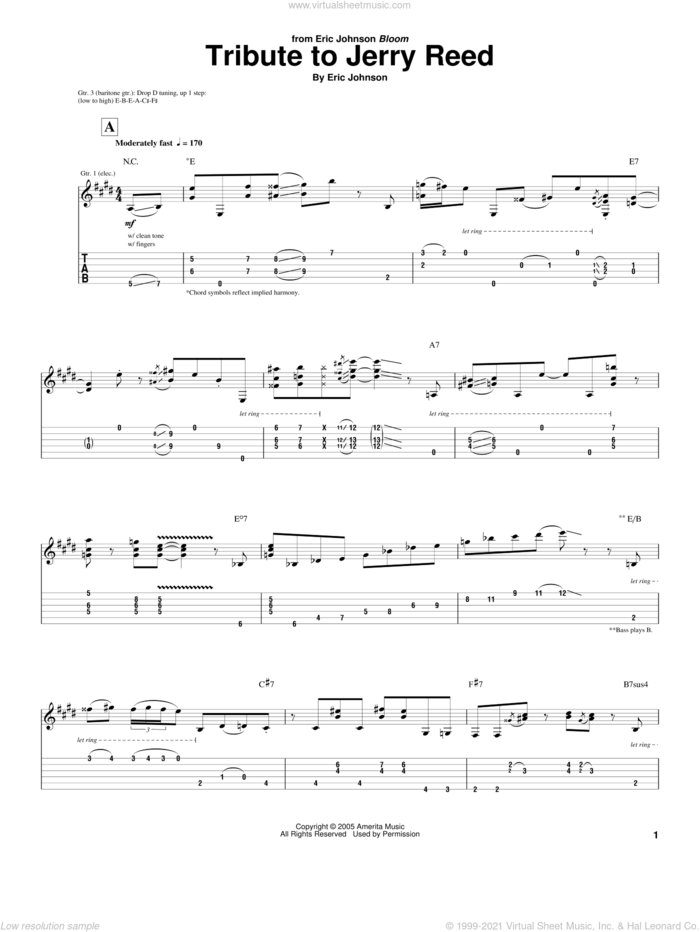 Tribute To Jerry Reed sheet music for guitar (tablature) by Eric Johnson, intermediate skill level